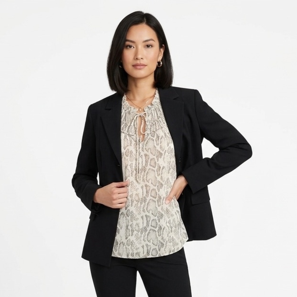 12. The Limited Black Blazer, Vici Snakeskin Print Peasant Blouse and Earrings